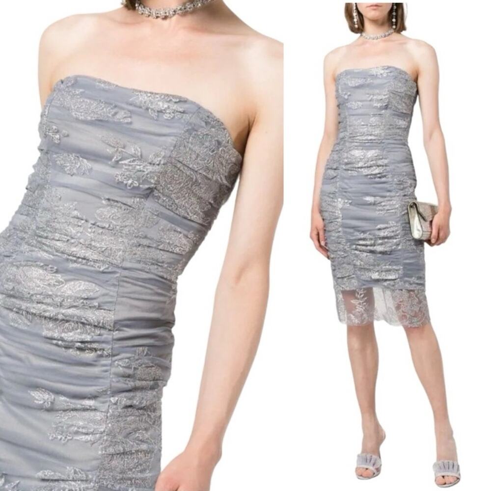 MARCHESA NOTTE Strapless Ruched Lace Overlay Silver Glitter Cocktail Dress